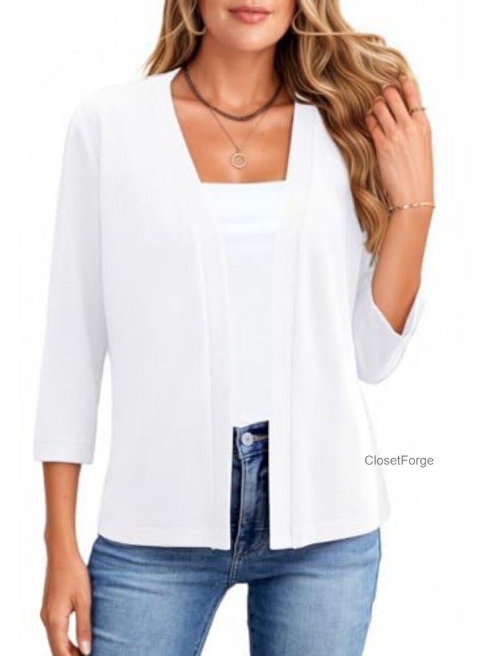 3/4 Sleeve Open Front Cardigan Cropped Lightweight Knit Sweater